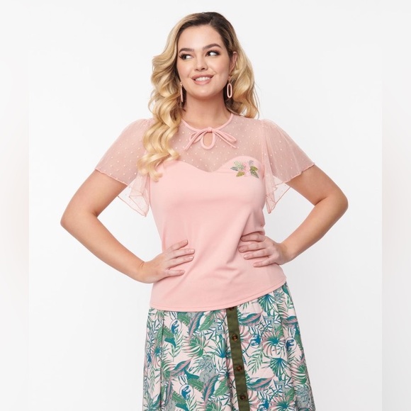 Unique Vintage Tops - Unique Vintage x Jurassic Park collab Pink Flutter Sleeve Sweetheart Top XL/14